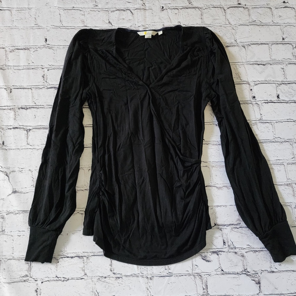 Boden Womens US 8 Black Ruched Faux Wrap V-Neck Bishop Sleeve Top T1106